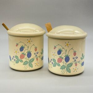 Treasure Craft 1986 "Auntie Em"  Ceramic Lidded Canister with  Wooden Spoon x2